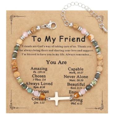 Imagem de Emibele Pulseira de cruz cristã para mulheres, pulseiras de contas religiosas com pedra natural, joia religiosa, cruz, oração, fé, presentes cristãos para amigas, mulheres, Natal