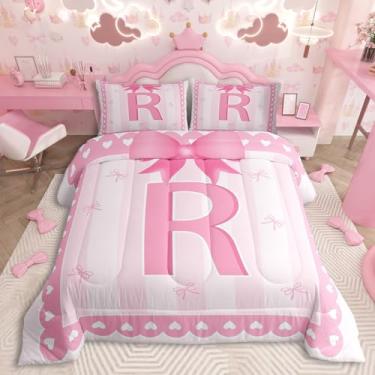 Imagem de jejeloiu Conjunto de cama infantil com laço rosa, estampa coquete, laço feminino, letra R, ultramacio, borboleta, nó de princesa, decoração de quarto