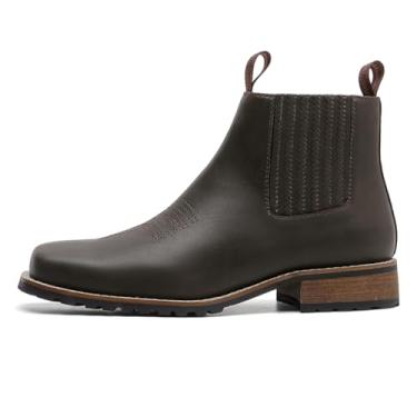 Imagem de Botas masculinas Western Chelsea com bico quadrado, botas de cano curto de couro PU com painéis laterais elásticos e salto de madeira empilhado, Marrom escuro, 44