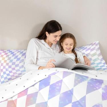 Imagem de Manfei Conjunto de edredom de grade geométrica, tamanho casal, com diamante reversível, 3 peças, decoração de quarto de crianças, meninos e meninas, edredom xadrez em aquarela, 2 fronhas, sem lençol