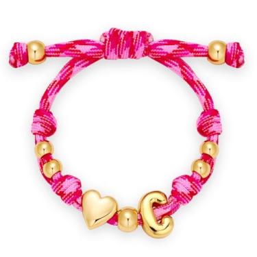 Imagem de HolidayQbee Pulseira feminina com inicial bolha banhada a ouro 14 K delicada, com letra de bolha, inicial, coração, personalizada, feita à mão, ajustável, joias, presentes para o Dia dos Namorados