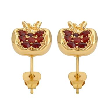 Imagem de Brincos de argola de romã banhados a ouro para mulheres, elegantes brincos de cobre incrustados de zircônia cúbica, brinco de pingente de romã vermelha estérica irregular, joias de inspiração vintage