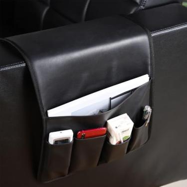 Imagem de BAHULA Suporte de couro para sofá, controle remoto, cadeira, apoio de braço, organizador de bolso, bolsa de armazenamento com 5 bolsos para revista, tablet, telefone, iPad, preto
