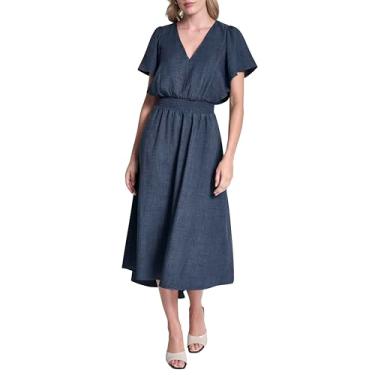 Imagem de DKNY Vestido maxi feminino com manga esvoaçante decote em V e flare, jeans, 16