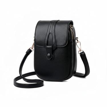Imagem de Bolsa Feminina Transversal Crossbody de Couro, Preta, Multifuncional para Celular com Fecho Magnético, Pequena Tiracolo