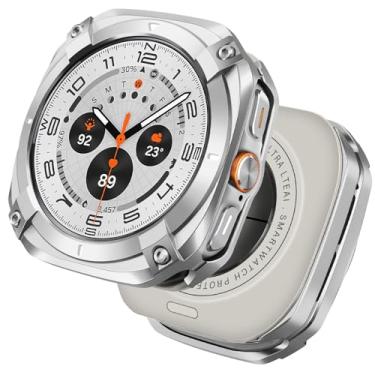 Imagem de HITZEE Capa de metal 2 em 1 compatível com Samsung Galaxy Watch Ultra (2025/2024) 47 mm, amortecedor protetor de metal resistente com capa traseira para Samsung Galaxy Watch 7 Ultra/8 Ultra, branco