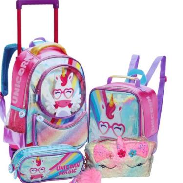 Imagem de Mochila Rodinha escolar Infantil Unicórnio Com estojo Extra - Denlex