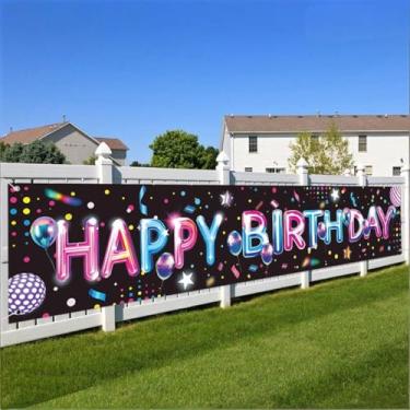 Imagem de Banner de feliz aniversário, estilo neon brilhante, balões coloridos e pano de fundo, faixa de fundo de confetes, 190 x 40 cm, suprimentos para decoração de festa de aniversário para meninos e meninas