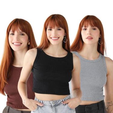 Imagem de Kit 3 Blusas Feminina Cropped Ribana Algodão Premium - 77VS LEVOSCH, P