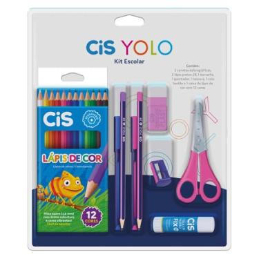 Imagem de Kit Escolar CIS Yolo - 2 canetas esferográfica, 2 lápis pretos HB, 1 borracha, 1 apontador, 1 tesoura, 1 cola bastão e 1 caixa de lápis de cor 12 cores, Rosa
