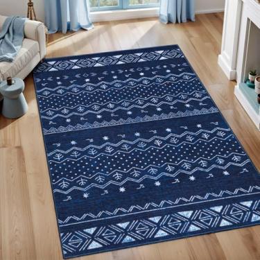 Imagem de SERISSA Tapetes de área de 7,5 x 12,5 cm para sala de estar, lavável, antiderrapante, azul e branco, pequeno tapete boêmio, geométrico, macio, de camada baixa, para quarto, cozinha, sala de jantar