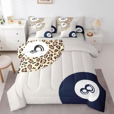 Imagem de Jogo de cama casal de 7 peças Lucky com 8 bolas, estampa de leopardo, safári, guepardo, moderno, geométrico, coquete Y2K, azul, cinza, marrom
