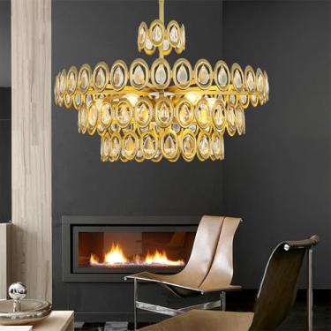 Imagem de TOCHIC Lustre de cristal dourado de 61 cm, lustres modernos de fazenda de 6 luzes para sala de jantar, luminária de teto de luxo de 3 camadas para quarto, entrada, sala de estar