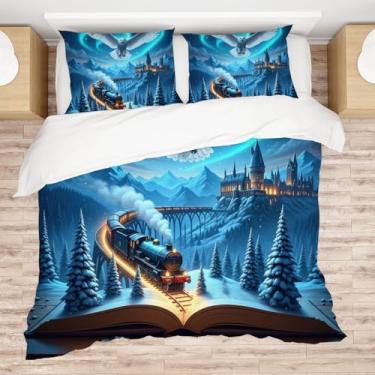 Imagem de Allenjoy Conjunto de edredom com estampa de coruja e cauda noturna de neve sonhadora com 2 fronhas para meninos, meninas, adolescentes, fãs de quarto de bebê, lavável na máquina, tamanho casal