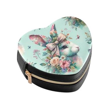 Imagem de Burbuja Caixa de joias floral com cabeça de coelho em forma de coração, mini estojo de viagem para mulheres e meninas, organizador portátil de armazenamento para brincos, anéis, colares e pulseiras