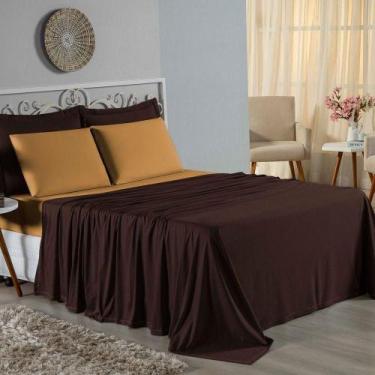 Imagem de Jogo De Cama Casal Viúva Nobre 4 Peças Malha 100% Algodão - Marrom / C