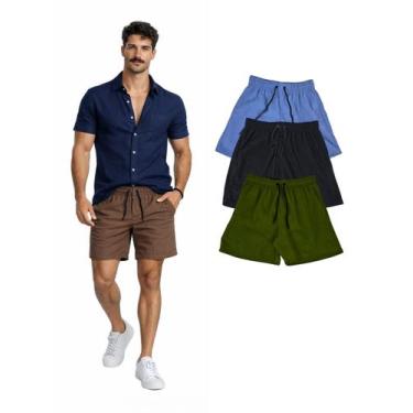 Imagem de Kit Com 3 Bermuda Linho Premium Masculina Com Cordão - Olv Jeans, Colo