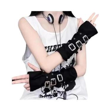 Imagem de Luvas Pretas E Brancas Estilo Punk Sem Dedos 30cm Com Fivela De Ferro 