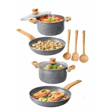 Imagem de Jogo De Panelas Revestimento Cerâmico E Madeira Kit Panelas Alumínio c