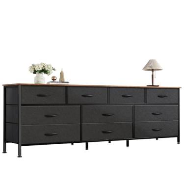 Imagem de Huuger Cômoda de 163 cm para quarto, cômoda longa com 10 gavetas de tecido, suporte de TV para TV de 55, 65, 70 polegadas, organizador de armazenamento de brinquedos para armário, marrom rústico e