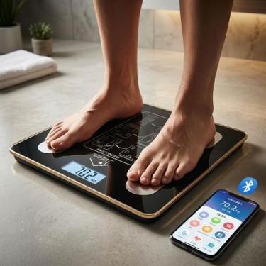 Imagem de Balança Inteligente Bioimpedância Unicasa Bluetooth 140kg Preta Vidro 