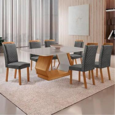 Imagem de Mesa de Jantar Alvorada 180cm Tampo MDF Vidro Canto Copo com 6 Cadeira