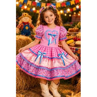 Imagem de Vestido Xadrez Infantil Festa Junina Rosa Azul Coração Floral Junino C