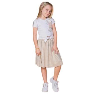 Imagem de Roupa Infantil Blusa e Saia Dourada Brilhante Conjunto Ursinho Kukie, 