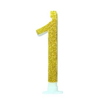 Imagem de Vela com suporte aniversario grande dourada glitter numero 1 - Silver 