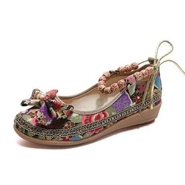 Imagem de TangDao Sapatilhas femininas retrô étnicas com bico redondo, bordado floral, com cadarço, casual, bailarina, Laço preto, 6.5