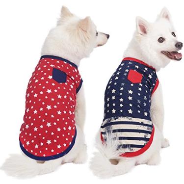 Imagem de Blueberry Pet Pacote com 2 camisetas macias e confortáveis com estampa patriótica Spirit EUA e listras bandeira americana de algodão misto para cães, comprimento das costas 16, roupas para cães