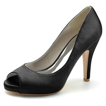 Imagem de Sapatos de noiva stiletto femininos escarpins de cetim marfim Peep Toe salto alto sapatos sociais,Black,9 UK/42 EU