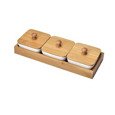 Imagem de Bandeja de armazenamento retangular de cerâmica de bambu com tampa Bandeja de sobremesa de frutas secas Bandeja de doces removível com vários compartimentos, b