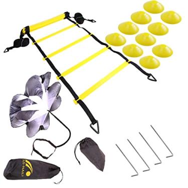 Imagem de Speed Footaball Conjunto de equipamentos de treinamento de escada de agilidade com disco de paraquedas de resistência 12 degraus Escada de prática de exercícios de esportes ao ar livre, amarelo, 6M