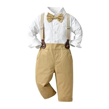 Imagem de Camiseta infantil meninos manga longa sólida tops suspensórios calças crianças crianças roupas de cavalheiro roupas de bebê para meninas (Caqui, 6-7 anos)