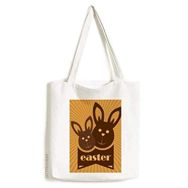 Imagem de Sacola de lona com estampa de coelhinho marrom festival religião Páscoa bolsa de compras casual