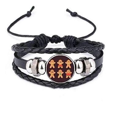 Imagem de DIYthinker Pulseira masculina de Natal com contas de couro trançado e contas de biscoito de gengibre