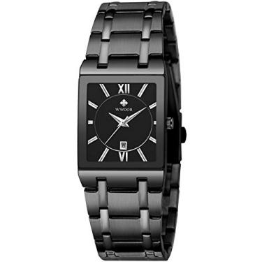 Imagem de WWOOR Relógios quadrados para homens e mulheres de aço inoxidável Mens Square Watch com data impermeável Analógico Quartz Fashion Business Casual Relógio de pulso (36D-Full Black)