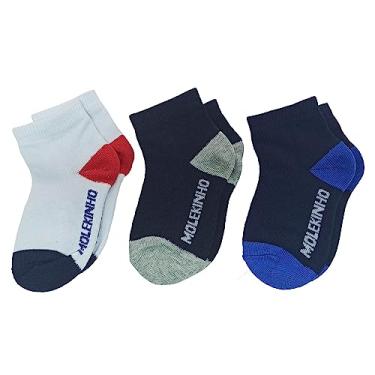 Imagem de Kit 3 Pares De Meias Molekinho Infantil Masculina Cor:Branco-Marinho-Vermelho/Preto-Cinza/Marinho-Azul/Cano Medio Lisa;T