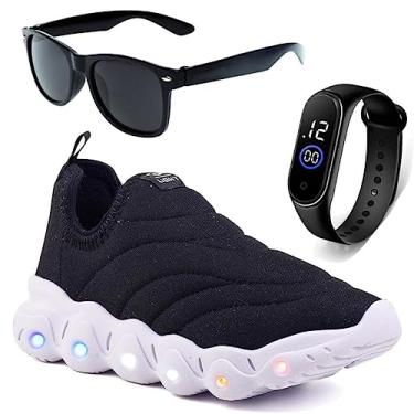 Imagem de Tenis Infantil De Led Calce Facil Elastico Meninos Masculino + Oculos Relogio Cor:Branco;Tamanho:25