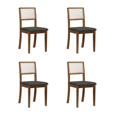 Imagem de Kit 4 Cadeiras De Jantar Palha Estofadas Linho Chumbo Rubi Madeira Maciça Imbuia Cinza