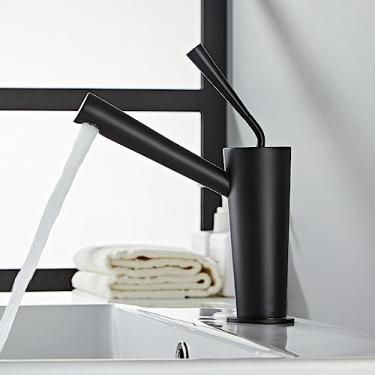 Imagem de Torneira para lavatório de banheiro Pia montada no convés Misturador de água quente e fria Torneira para vaso de lavagem Latão Guindaste de alça única, preto
