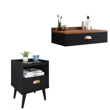 Imagem de Conjunto Mesa Cabeceira 1 Gaveta Organizadora Pés Retrô Penteadeira Suspensa Puxador Concha Kit Decorativo Quarto - Preto/Freijó - RPM Móveis