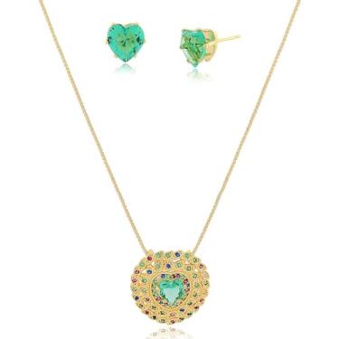 Imagem de Conjunto Brinco Colar Correntinha Feminina Pingente Coração Turmalina Cravejado Pedra Zircônia Banhado a ouro 18k banho paládio antialérgico Semijoia