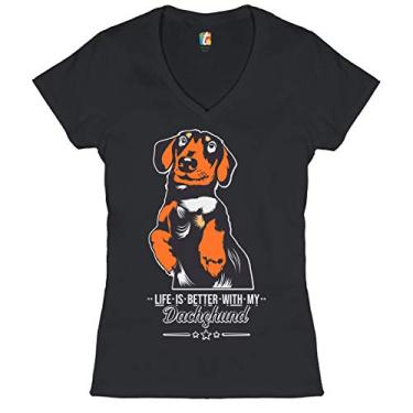 Imagem de Life is Better with My Dachsund Camiseta feminina gola V I Love My Dog Pet, Preto, M