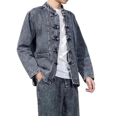 Imagem de KANG POWER Jaqueta jeans estilo chinês masculina streetwear roupas orientais outono masculino jeans casaco vintage hip hop solto, Jaqueta preta, PP