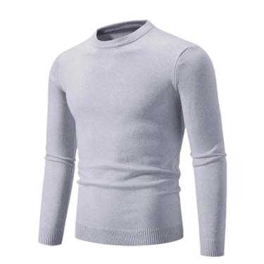 Imagem de Suéter masculino slim fit gola redonda cor sólida manga longa suéter tricotado outono inverno tricô pulôver, Cinza, PP