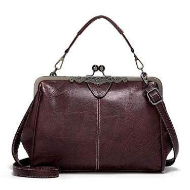 Imagem de YOUNXSL Bolsa feminina retrô oca de couro PU com cera de óleo, várias colocações, bolsa carteiro Kiss Lock, Café, One Size