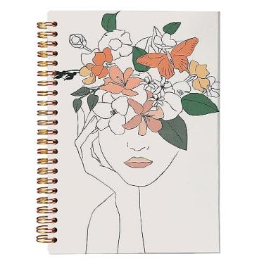 Imagem de NEGIGA Caderno minimalista boho neutro botânico feminino linha arte forrado espiral caderno de 21 x 14 cm capa dura com pauta universitária diário para anotações de trabalho