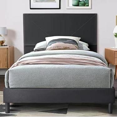 Imagem de Moldura de cama de solteiro para quarto, cama de solteiro com plataforma estofada para cabeceira com base de colchão de madeira forte, suporte de ripas de madeira, sem necessidade de caixa de mola,